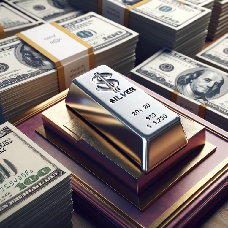 DALL·E 2024-03-02 09.27.59 - Create an image that showcases a contrast between a large stack of dollar or euro bills and a small silver bar on a pedestal